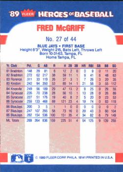 1989 Fleer Heroes of Baseball #27 Fred McGriff Back