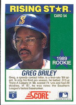 1989 Score Hottest 100 Rising Stars #54 Greg Briley Back