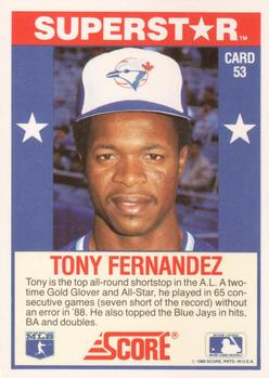 1989 Score Baseball's 100 Hottest Players #53 Tony Fernandez Back