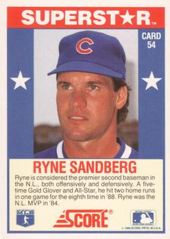 1989 Score Baseball's 100 Hottest Players #54 Ryne Sandberg Back