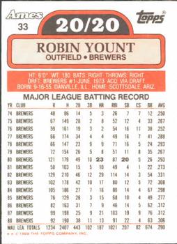 1989 Topps Ames 20/20 Club #33 Robin Yount Back