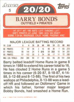 1989 Topps Ames 20/20 Club #5 Barry Bonds Back