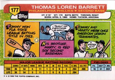 1989 Topps Big #177 Tommy Barrett Back