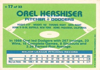1989 Topps Hills Team MVP's #17 Orel Hershiser Back