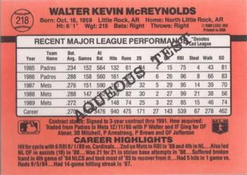 1990 Donruss Aqueous Test #218 Kevin McReynolds Back