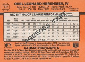 1990 Donruss Aqueous Test #197 Orel Hershiser Back