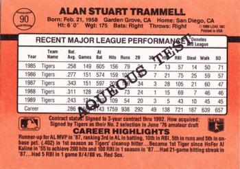 1990 Donruss Aqueous Test #90 Alan Trammell Back
