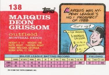 1990 Topps Big #138 Marquis Grissom Back