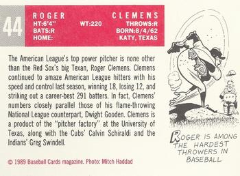 1989 Baseball Cards Magazine '59 Topps Replicas #44 Roger Clemens Back
