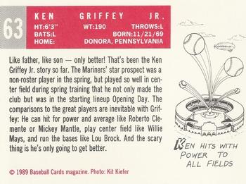 1989 Baseball Cards Magazine '59 Topps Replicas #63 Ken Griffey Jr. Back