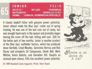 1989 Baseball Cards Magazine '59 Topps Replicas #65 Junior Felix Back