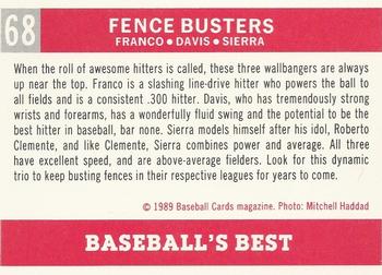 1989 Baseball Cards Magazine '59 Topps Replicas #68 Fence Busters (Julio Franco / Eric Davis / Ruben Sierra) Back