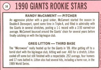 1990 Baseball Cards Magazine '69 Topps Repli-Cards #16 Giants Rookies (Randy McCament / Greg Litton) Back