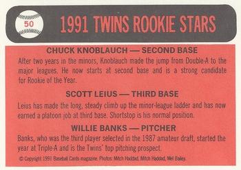 1991 Baseball Cards Magazine '66 Topps Replicas #50 Twins Rookies (Chuck Knoblauch / Scott Leius / Willie Banks) Back