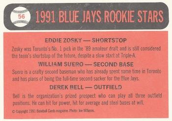 1991 Baseball Cards Magazine '66 Topps Replicas #56 Blue Jays Rookies (Eddie Zosky / William Suero / Derek Bell) Back