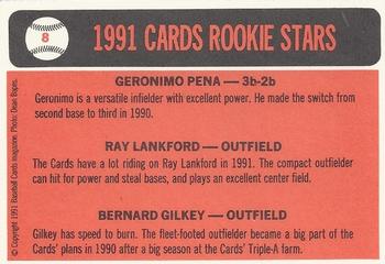 1991 Baseball Cards Magazine '66 Topps Replicas #8 Cardinals Rookies (Geronimo Pena / Ray Lankford / Bernard Gilkey) Back