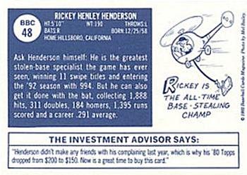 1992 Baseball Cards Magazine '70 Topps Replicas #48 Rickey Henderson Back