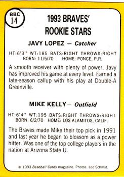 1993 Baseball Card Magazine / Sports Card Magazine #BBC14 Braves 1993 Rookie Stars (Javy Lopez / Mike Kelly) Back