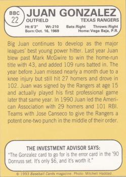 1993 Baseball Card Magazine / Sports Card Magazine #BBC22 Juan Gonzalez Back