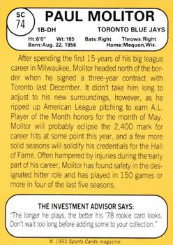 1993 Baseball Card Magazine / Sports Card Magazine #SC74 Paul Molitor Back