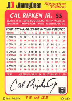1991 Jimmy Dean Signature Edition #15 Cal Ripken Jr. Back