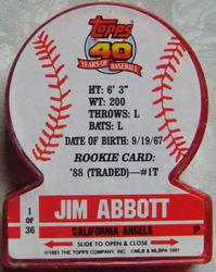 1991 Topps Stand-Ups #1 Jim Abbott Back