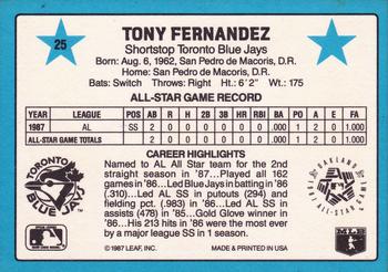 1988 Donruss All-Stars #25 Tony Fernandez Back