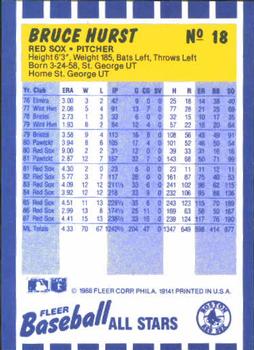 1988 Fleer Baseball All-Stars #18 Bruce Hurst Back
