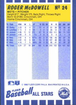 1988 Fleer Baseball All-Stars #24 Roger McDowell Back