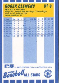 1988 Fleer Baseball All-Stars #8 Roger Clemens Back