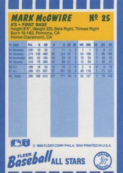 1988 Fleer Baseball All-Stars #25 Mark McGwire Back