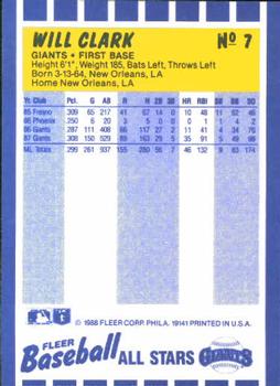 1988 Fleer Baseball All-Stars #7 Will Clark Back