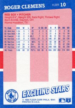 1988 Fleer Baseball's Exciting Stars #10 Roger Clemens Back