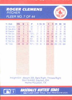 1988 Fleer Baseball's Hottest Stars #7 Roger Clemens Back