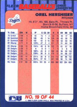 1988 Fleer Baseball's League Leaders #19 Orel Hershiser Back