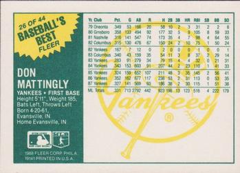 1988 Fleer Baseball's Best Sluggers vs. Pitchers #26 Don Mattingly Back