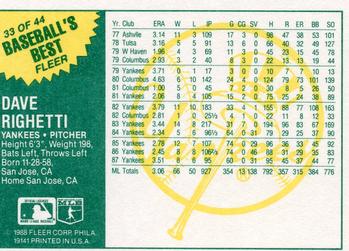 1988 Fleer Baseball's Best Sluggers vs. Pitchers #33 Dave Righetti Back