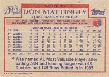 1989 Topps Cap'n Crunch #8 Don Mattingly Back