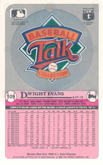 1989 Topps/LJN Baseball Talk #109 Dwight Evans Back