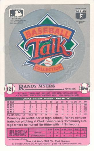 1989 Topps/LJN Baseball Talk #121 Randy Myers Back