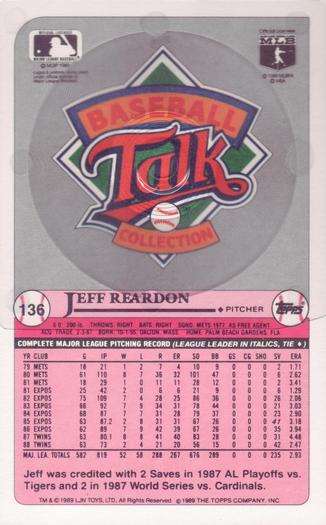 1989 Topps/LJN Baseball Talk #136 Jeff Reardon Back