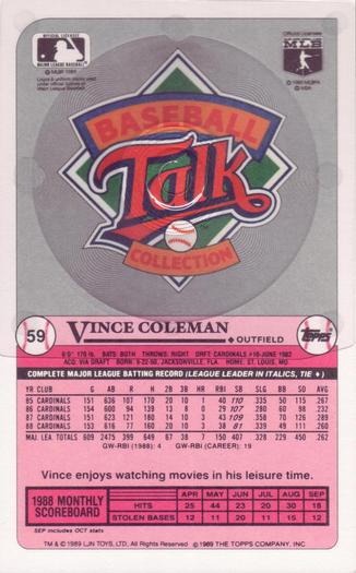 1989 Topps/LJN Baseball Talk #59 Vince Coleman Back