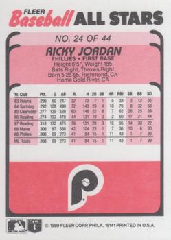 1989 Fleer Baseball All-Stars #24 Ricky Jordan  Back