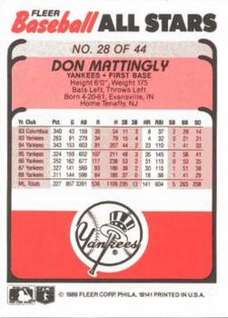 1989 Fleer Baseball All-Stars #28 Don Mattingly  Back