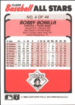 1989 Fleer Baseball All-Stars #4 Bobby Bonilla  Back
