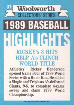 1990 Topps Woolworth Baseball Highlights #31 Rickey Henderson Back