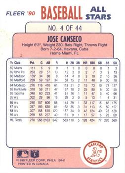 1990 Fleer Baseball All-Stars #4 Jose Canseco Back