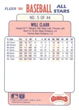 1990 Fleer Baseball All-Stars #5 Will Clark Back