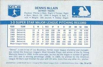 1970 Kellogg's 3-D Super Stars #73 Denny McLain Back