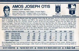 1972 Kellogg's 3-D Super Stars #02 Amos Otis  Back